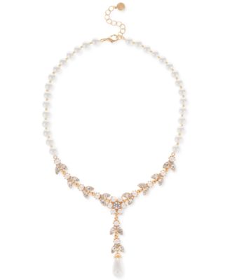 Charter Club - Gold-Tone Crystal & Imitation Pearl Flower Lariat Necklace, 17" + 2" extender