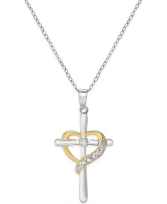 Macy's - Diamond Cross Heart Pendant Necklace (1/10 ct. t.w.) in Sterling Silver and 18K Gold-Plated Sterling Silver