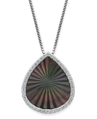 Macy's - Black Mother of Pearl 15x13mm and Cubic Zirconia Pear Shaped Pendant with 18" Chain in Sterling Silver
