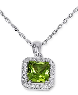 Macy's - Peridot (7/8 ct. t.w.) & Diamond (1/10 ct. t.w.) Halo Pendant Necklace in 14k White Gold, 16" + 2" extender