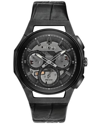 Bulova - Men's Chronograph Curv Black Leather Strap Watch 44mm