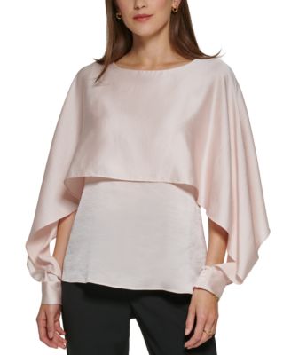 DKNY - Petite Solid Crewneck Smocked-Cuff Cape Blouse