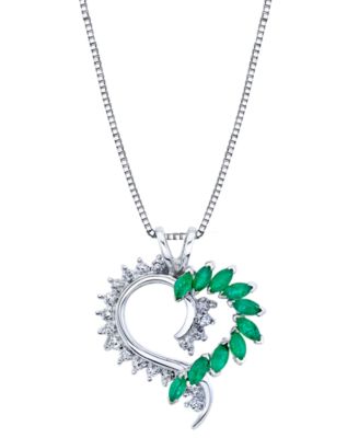 Macy's - Emerald (1 ct. t.w.) & Diamond (1/20 ct. t.w.) Open Heart 18" Pendant Necklace in Sterling Silver