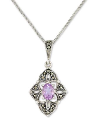 Macy's - Amethyst (1/2 ct. t.w.) &  Marcasite Flower 18" Pendant Necklace in Sterling Silver