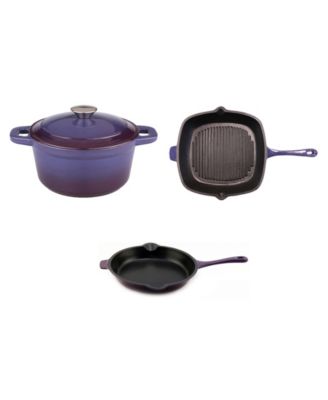 BergHOFF - Neo Cast Iron 3pc Set : Grill Pan, Fry Pan & 3Qt Dutch Oven, Purple