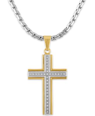 Macy's - Men's 1/6 Carat Diamond Cross Pendant 22" Chain in Stainless Steel and Gold Tone Ion Plating