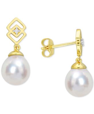 Macy's - Cultured South Sea Oval Pearl (8-9mm) & White Topaz Accent Drop Earrings in Yellow-Tone Sterling Silver